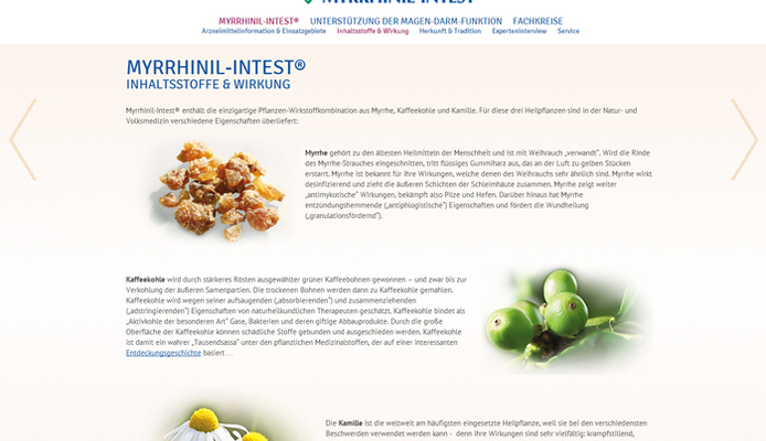 Inhaltsseite der Website von Myrrhinil-Intest